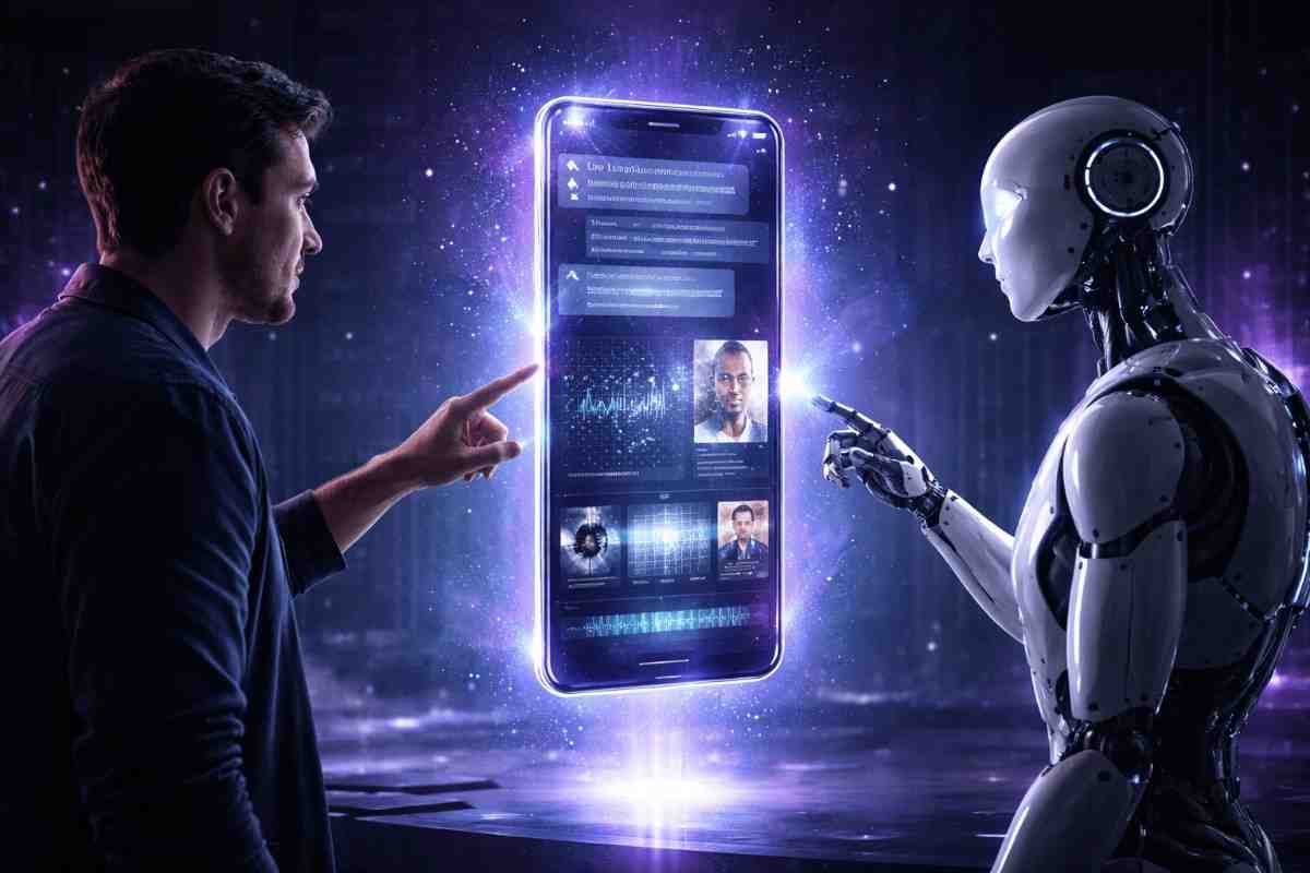 A man and robot interact with a glowing smartphone displaying various data in a futuristic, purple-lit setting.