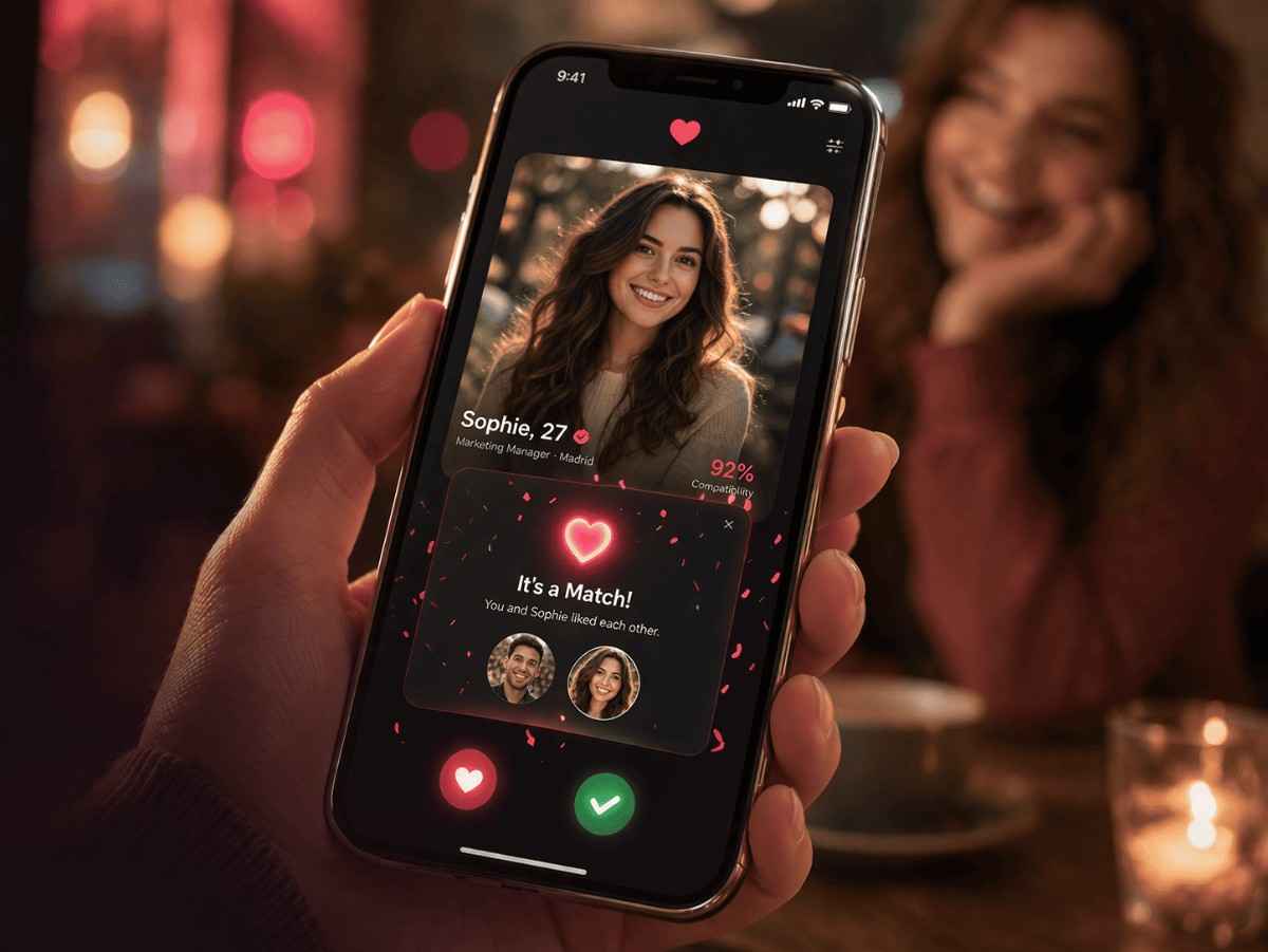 Person holding phone showing a dating app match. Smiling woman in background. Warm, dimly lit café ambiance with candlelight.