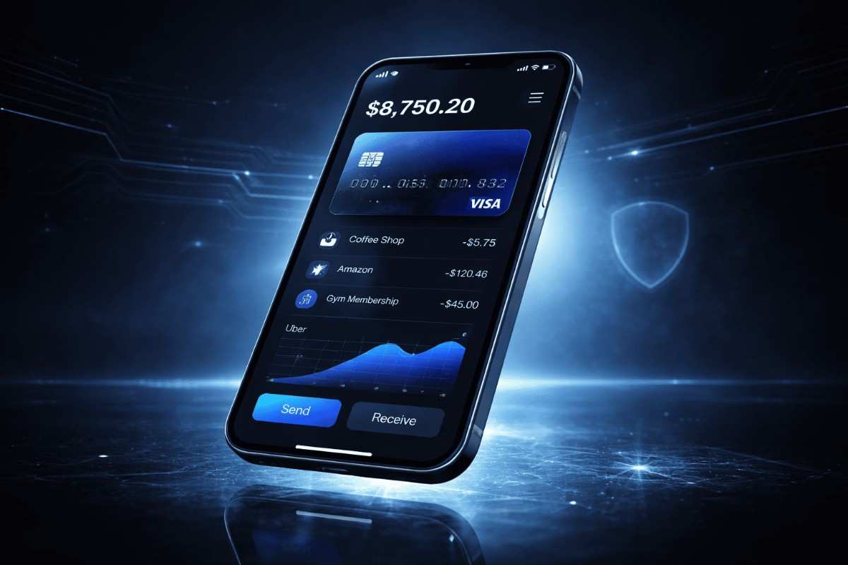 Smartphone displaying a digital wallet app with $8,750.20. Shows transactions and blue-toned futuristic background with a secure vibe.