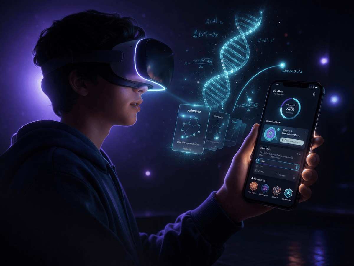 A person in VR goggles interacts with a holographic DNA and equations. They hold a smartphone showing a biology lesson. Glowing purple tones.