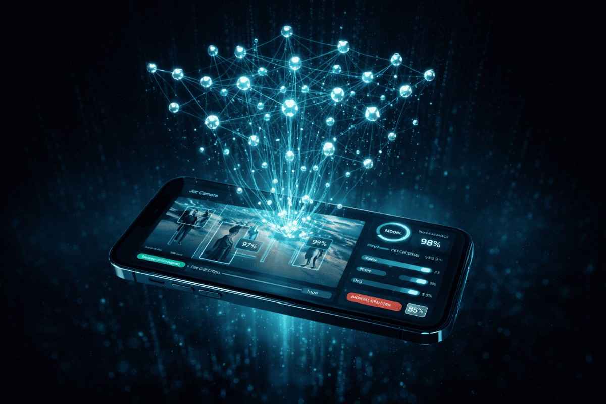 A smartphone projects a glowing network of blue nodes and lines into the dark. The screen displays percentages and futuristic data.