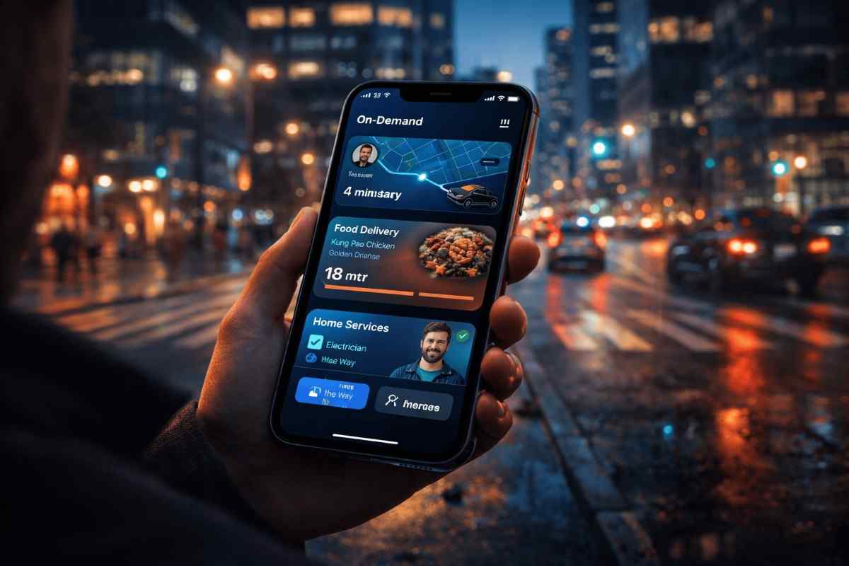 Hand holding a smartphone with a food delivery app open. City street with blurred lights at night in the background. App shows delivery details.