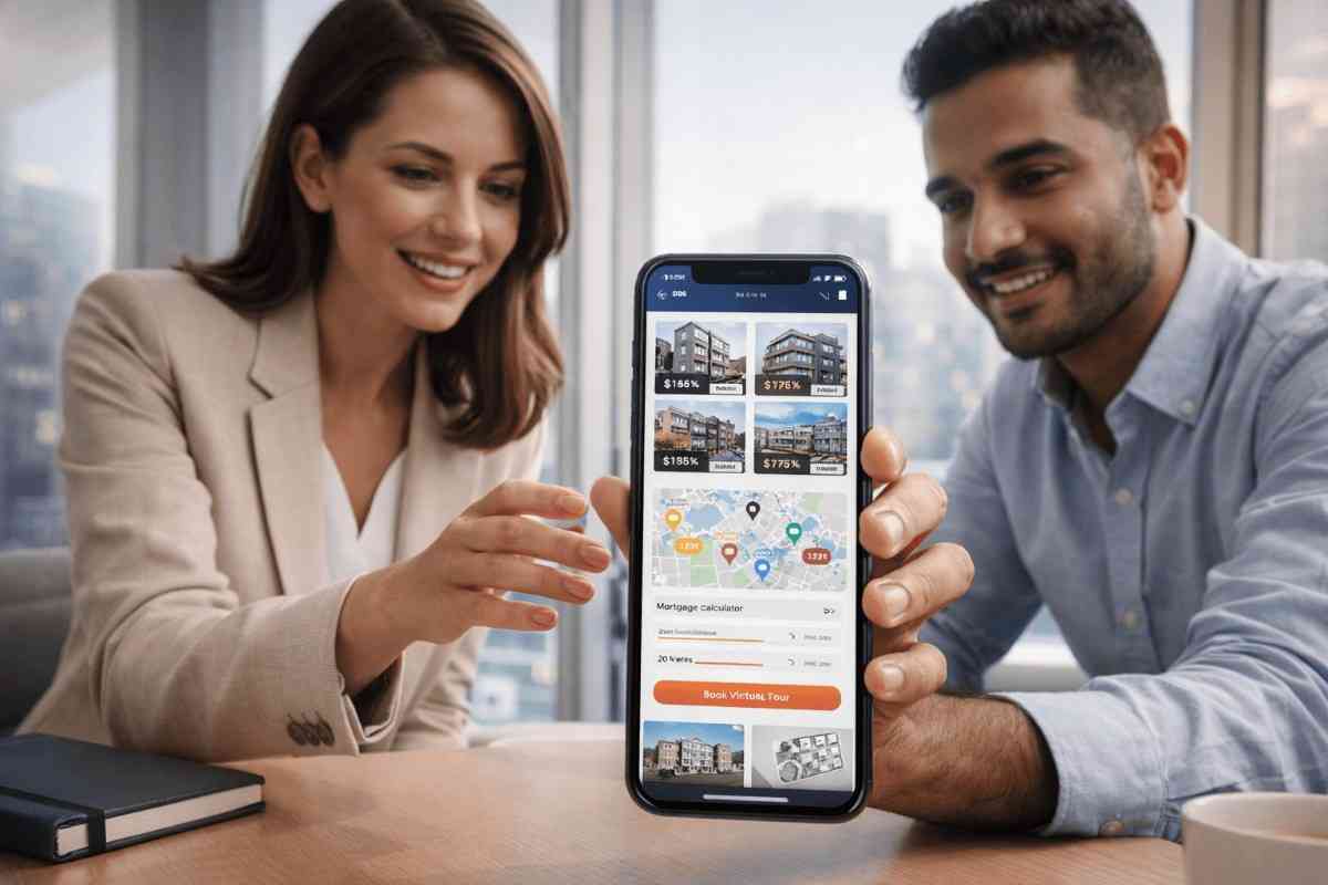 Two people smiling, looking at a smartphone displaying real estate options and a map. They're in an office setting, with a notebook nearby.