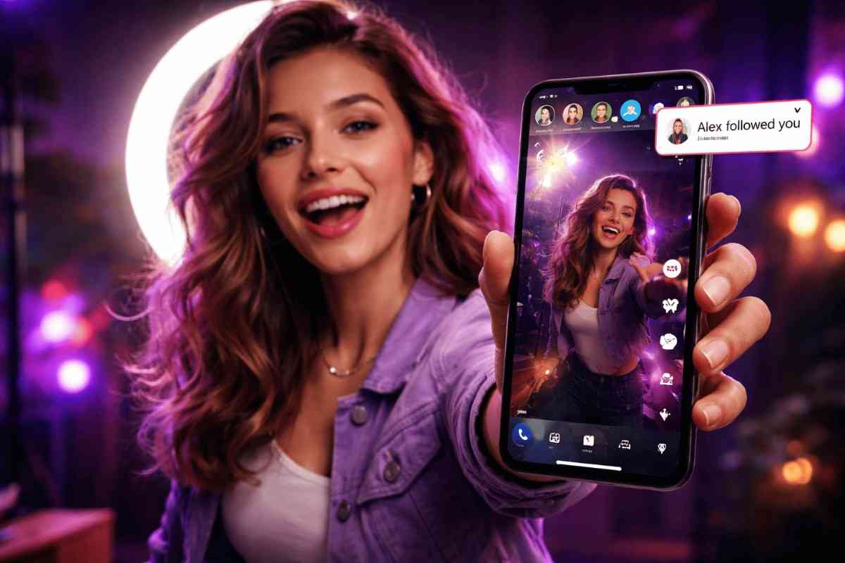 Woman in purple jacket happily showing a smartphone with notification "Alex followed you." Bright, vibrant backdrop with neon lights.