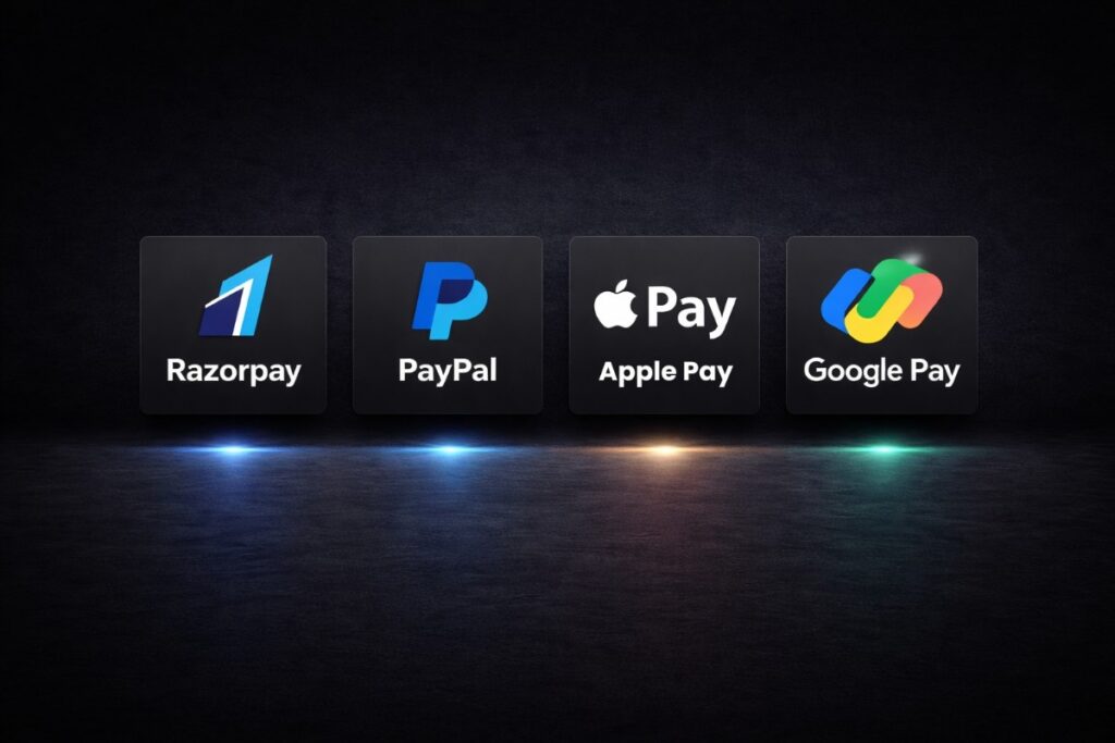 Razorpay, PayPal, Apple Pay, and Google Pay logo