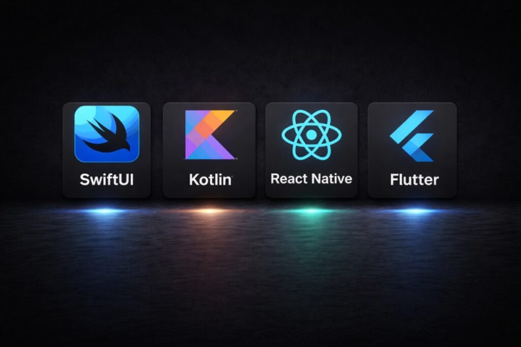 SwiftUI, Kotlin, React-Native, and Flutter logo